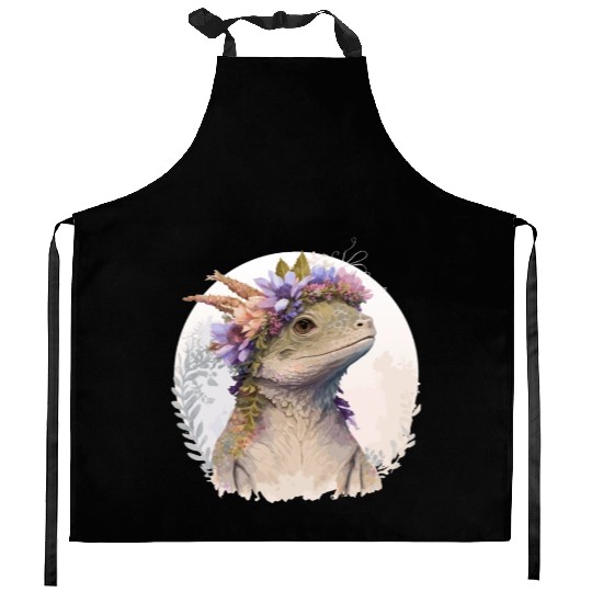 Watercolor Lizard Flower Crown Floral Reptile Love Kitchen Aprons