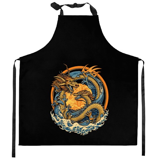Vintage Japanese Dragon Sun Tattoo Design 1 Kitchen Aprons