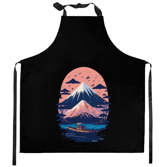 Serene Mount Fuji Sunset Peaceful River Scenery Kitchen Aprons