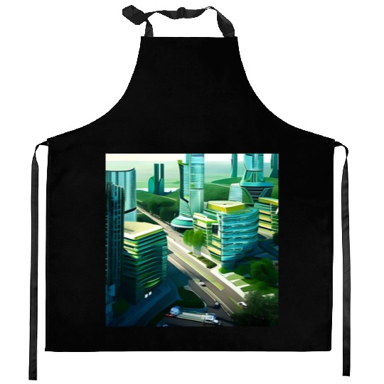 Green Horizon: A Vision of Sustainable Cityscape Kitchen Aprons