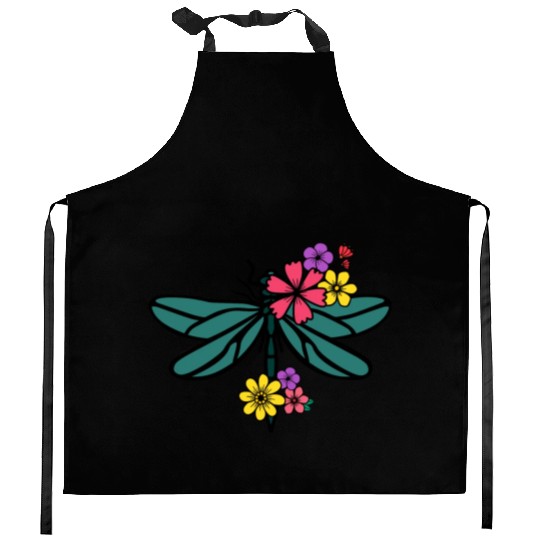 dragonfly with colorful flowers Kitchen Aprons