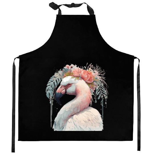 White Flamingo Exotic Bird Flower Crown Floral Tro Kitchen Aprons