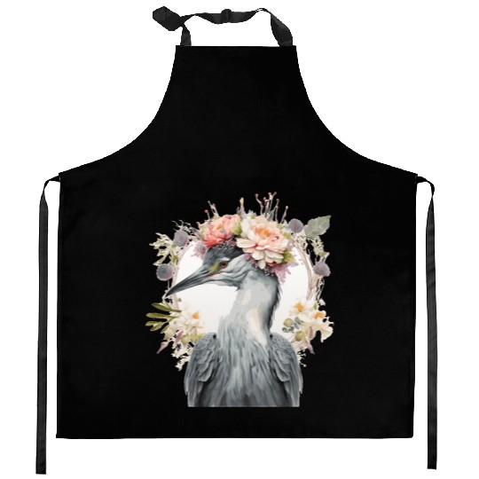 Watercolor Heron Freshwater Bird Flower Crown Flor Kitchen Aprons