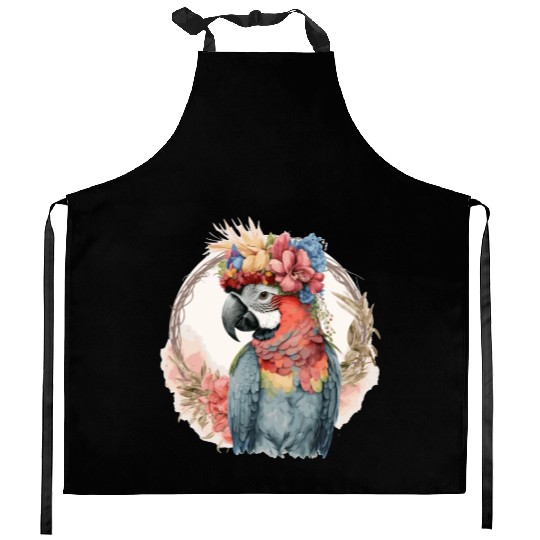 Colorful Parrot Watercolor Macaw Bird Flower Crown Kitchen Aprons