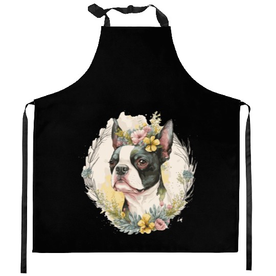 Cute Boston Terrier Flower Crown Pet Dog Breed Flo Kitchen Aprons