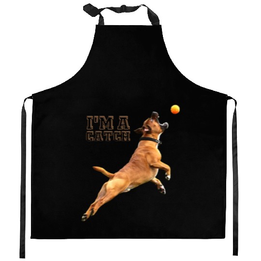 Big Dog Bull Mastiff Catching a Ball, I'm a Catch Kitchen Aprons
