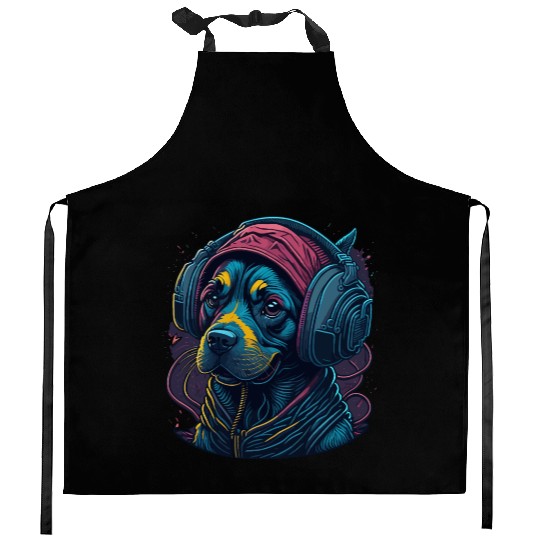 Cute Rottweiler Dog Wearing Headset for Gamer Kitchen Aprons