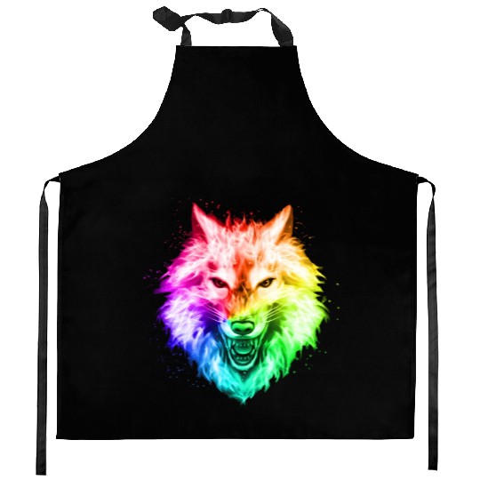 Bright Colorful Wolf Head – Rainbow Howling Wolf F Kitchen Aprons