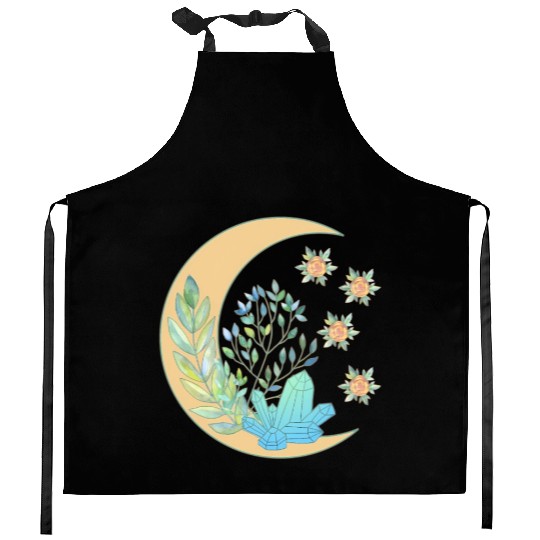 Floral Crescent Moon Healing Crystal Garden Witch Kitchen Aprons
