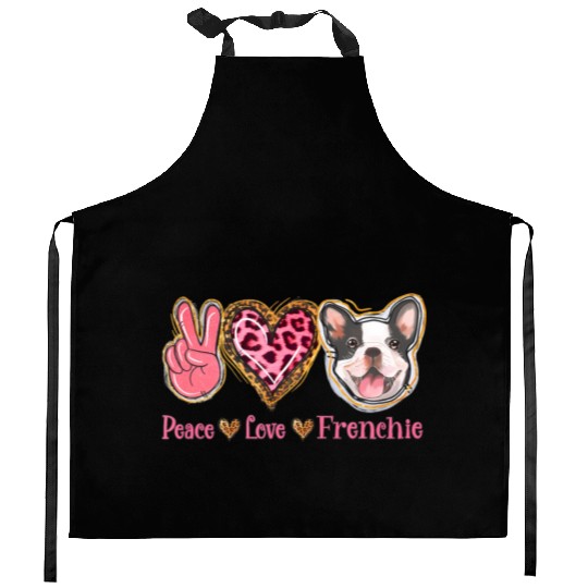 Leopard Peace Love Frenchie Funny Dog Mom Mothers Kitchen Aprons