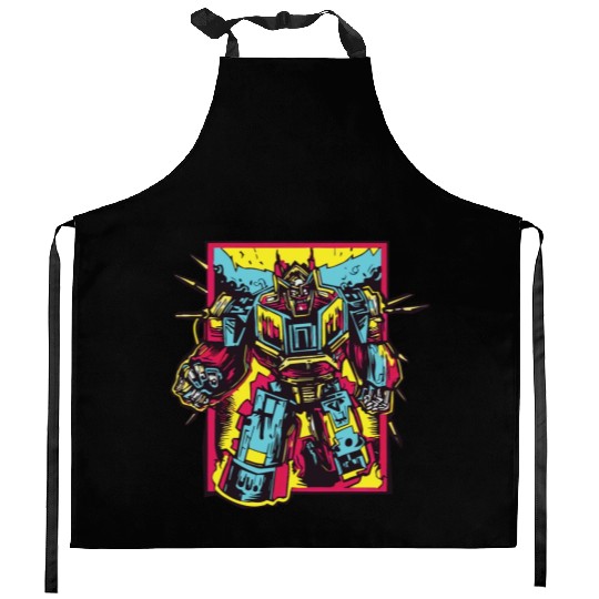 Red Kitchen Aprons Retro Style 90s Cartoon Comic Hero Robot