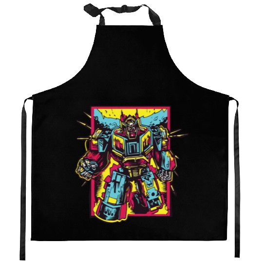 Red Kitchen Aprons Retro Style 90s Cartoon Comic Hero Robot