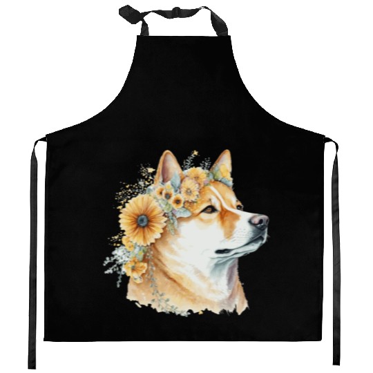 Watercolor Shiba Inu Sunflower Dog Breed Pet Puppy Kitchen Aprons