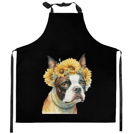Cute Boston Terrier Sunflower Dog Breed Pet Puppy Kitchen Aprons