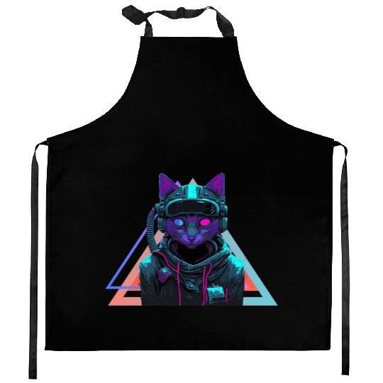 Cyberpunk cat Kitchen Aprons