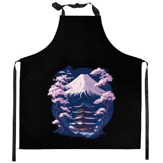 Mount Fuji and a Temple With Cherry Blossoms Kitchen Aprons