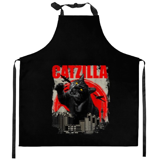 Catzilla Vintage Funny Cute Cat Art Japanese Sunse Kitchen Aprons