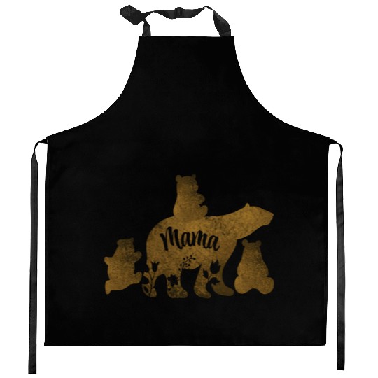 Mama Bear With 3 Baby Bear Cubs Following Mama Kitchen Aprons