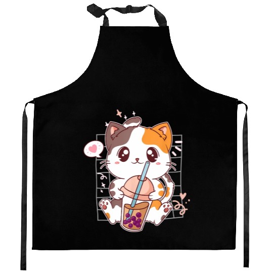 Cat Boba Tea Bubble Tea Kawaii Anime Japanese Kitchen Aprons