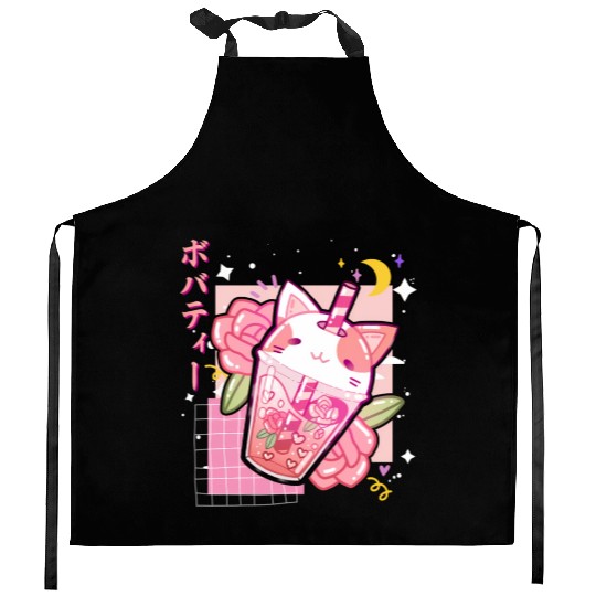 Boba Tea Cat Bubble Tea Kawaii Anime Japanese Kitchen Aprons