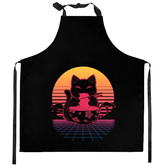 Kawaii Ra Neko Retro Cat Japanese Noodle Anime Kitchen Aprons