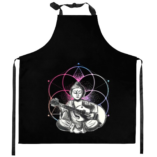 Buddha - Playing Guitar - Yoga Buddhist - Yogi Kitchen Aprons