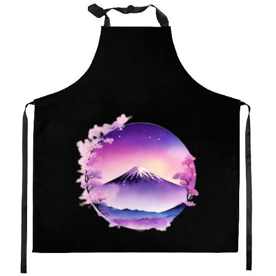 Japan Mount Fuji Dreamy Lo-Fi Style Retro Purple Kitchen Aprons