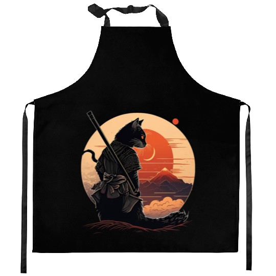 Vintage Japanese Sunset Style And Samurai Cat Kitt Kitchen Aprons