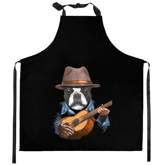 Boston Terrier Playing Guitar Pet Dog Lover Kitchen Aprons