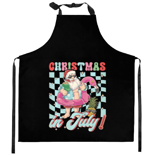 Christmas In July Groovy Santa Flamingo Float Kitchen Aprons
