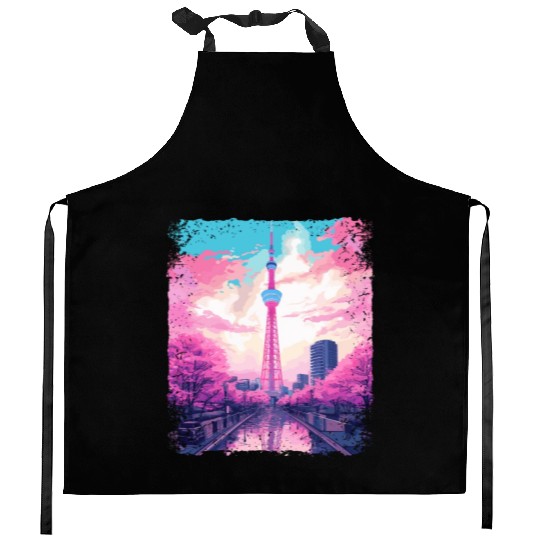 Aesthetic Skytree Tokyo Vaporwave Japanese Sight Kitchen Aprons