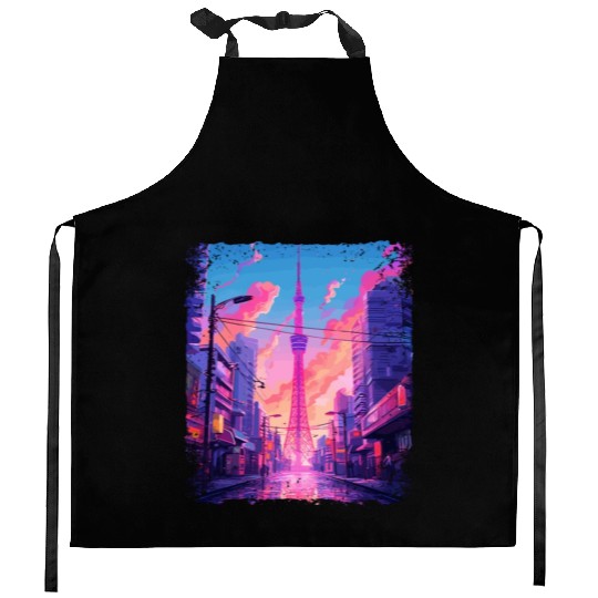 Vaporwave Aesthetic Japanese Skytree Tokyo Sight Kitchen Aprons
