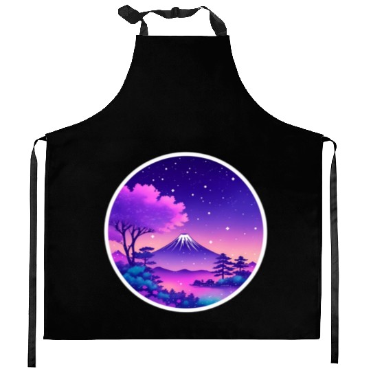 Japan Mount Fuji Night Sky Lo-Fi Art Retro Purple Kitchen Aprons