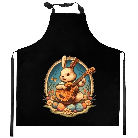 Cottagecore Aesthetic Bunny Playing Banjo Guitar Kitchen Aprons