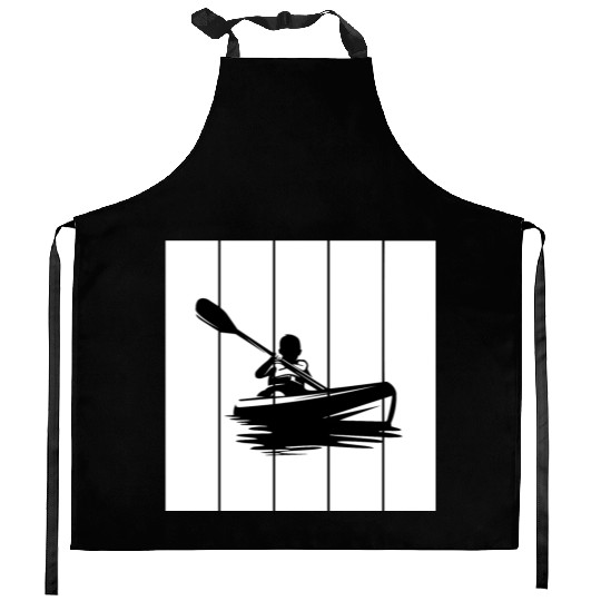 Man in a kayak boat rafting down a river Kitchen Aprons