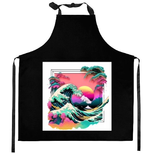 Vaperwave Aesthetic Glitch Great Wave Retrowave Kitchen Aprons