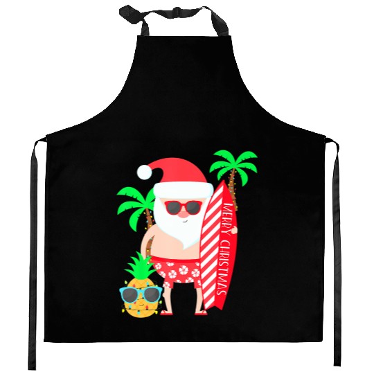 Santa Surfing Hawaiian Beach Christmas In July Kitchen Aprons