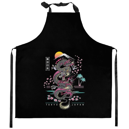 Japanese Dragon Asian Neon retro 80s style Kitchen Aprons