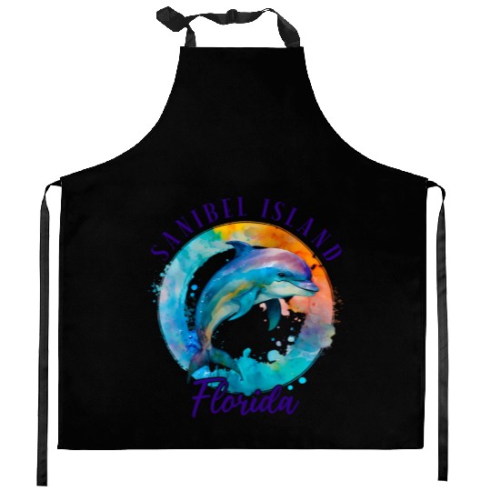 Sanbiel Island Florida Happy Watercolor Dolphin Kitchen Aprons