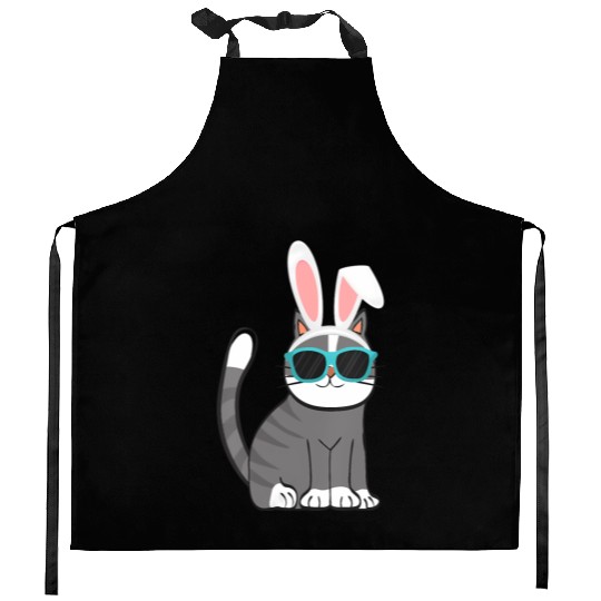Happy Easter Cat With Bunny Ears And Glasses Kitchen Aprons