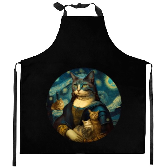 Mona Lisa With Cats Starry Night Van Gogh Painting Kitchen Aprons
