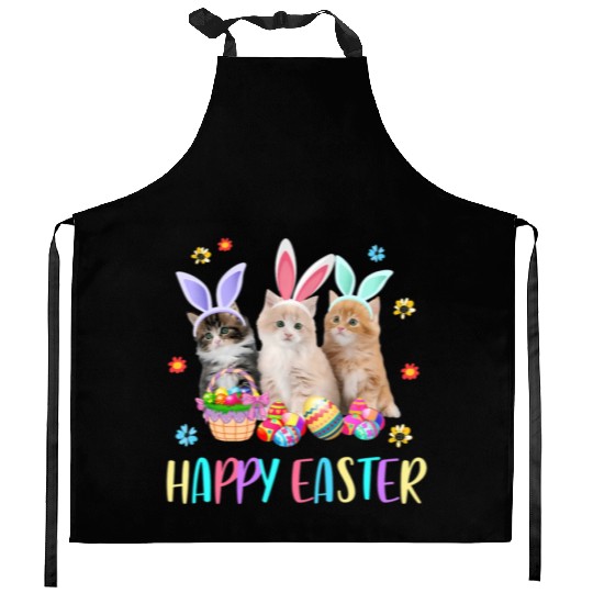 Happy Easter Three Cat Wearing Bunny Ear Kitty Kitchen Aprons
