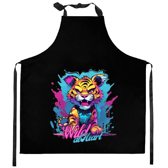 Vibrant Synthwave Sabertooth Tiger Graffiti Kids Kitchen Aprons