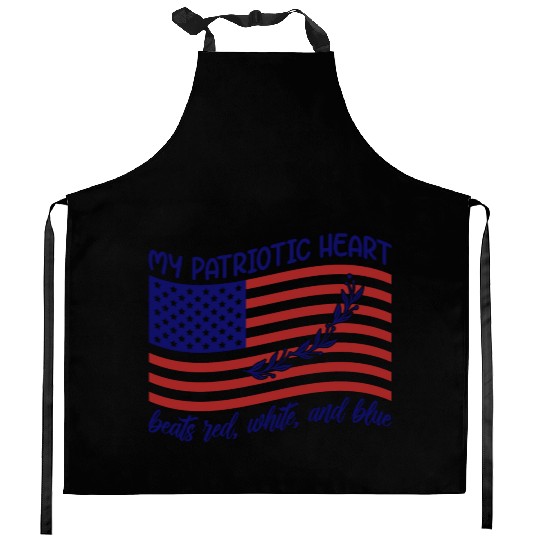 My patriotic heart beats red white and blue Kitchen Aprons