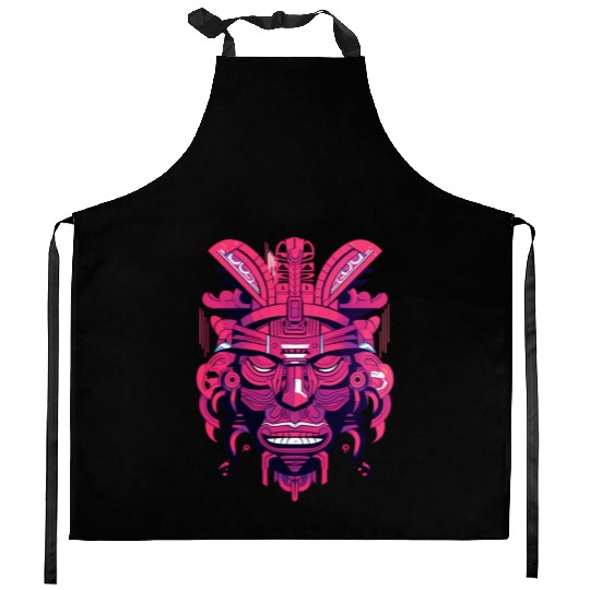 Ancient Aztec Mask in magenta Kitchen Aprons