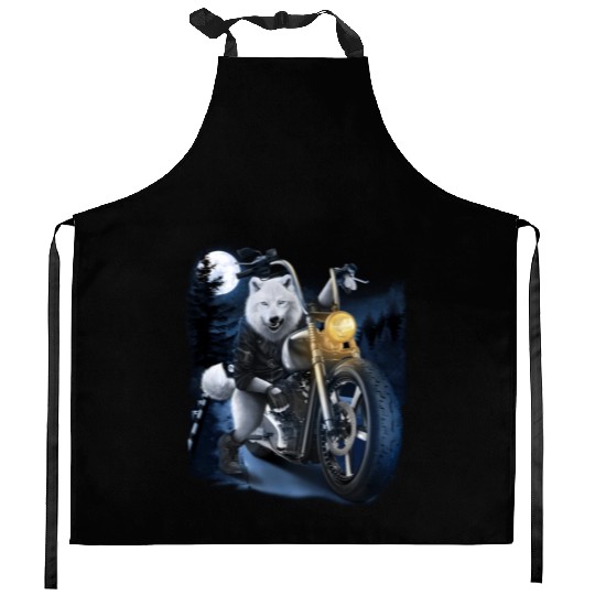 Wolf Riding Chopper Motorcycle In Full Moon Kitchen Aprons