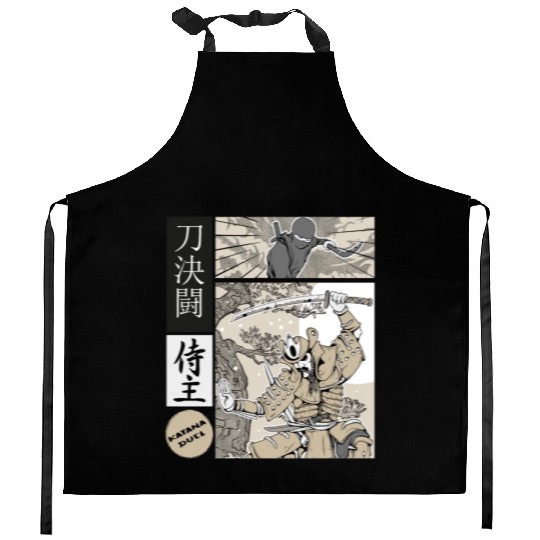 Katana Samurai Vs Ninja Warrior Comic Strip style Kitchen Aprons