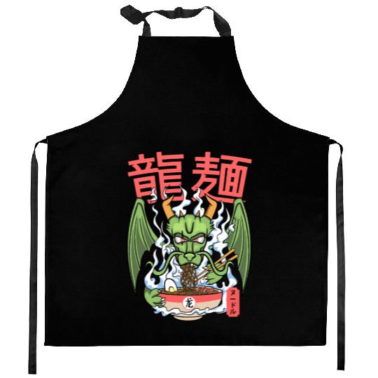 Dragon ramen noodles bowl Kawaii monstrous lizard Kitchen Aprons
