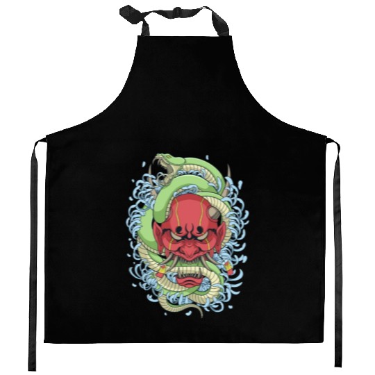 Japanese oni mask with peony flower and greem snak Kitchen Aprons