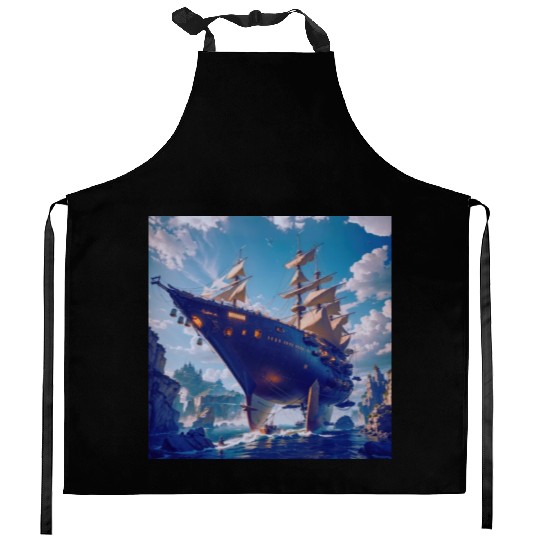 Steampunk Ship Sailing in Ocean with Castle Kitchen Aprons